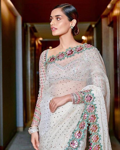 MANUSHI CHHILLAR In White Hand Cut Mirror Border Saree Set