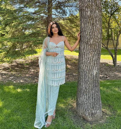 BHAVDEEP KAUR In Powder Blue Chandelier Pearl Drop Pant Kurta Set