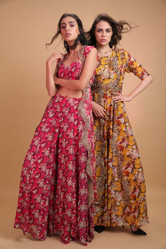 Hot Pink Floral Crop Top With Sharara Pants