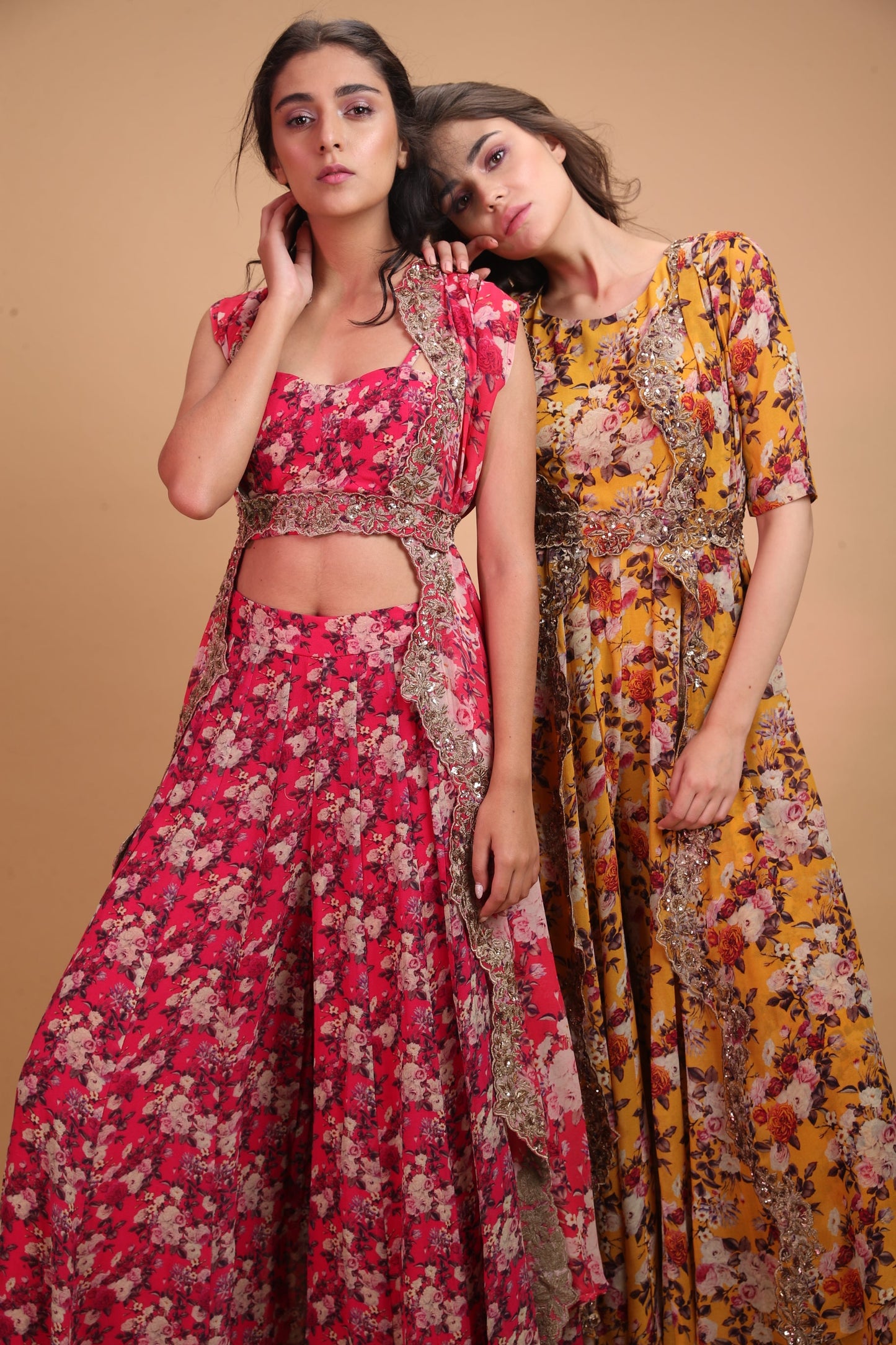 Hot Pink Floral Crop Top With Sharara Pants