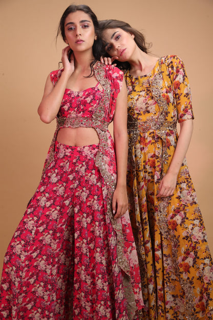 Hot Pink Floral Crop Top With Sharara Pants