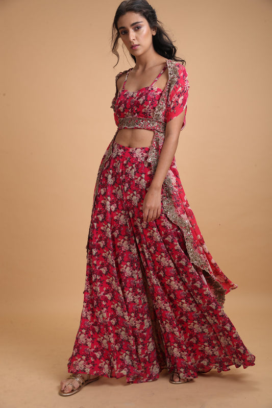 Hot Pink Floral Crop Top With Sharara Pants