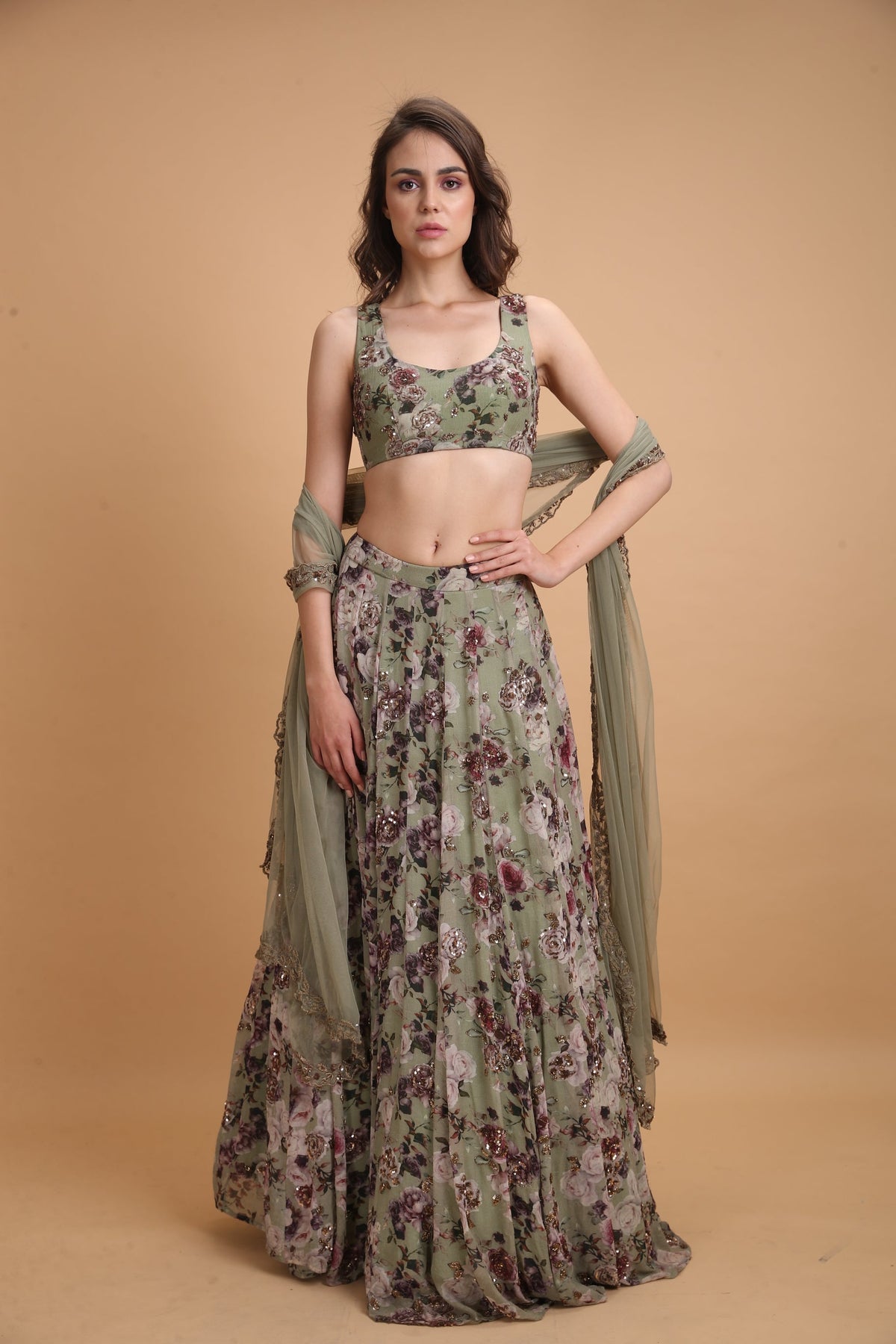 Olive Printed Floral Lehenga Set