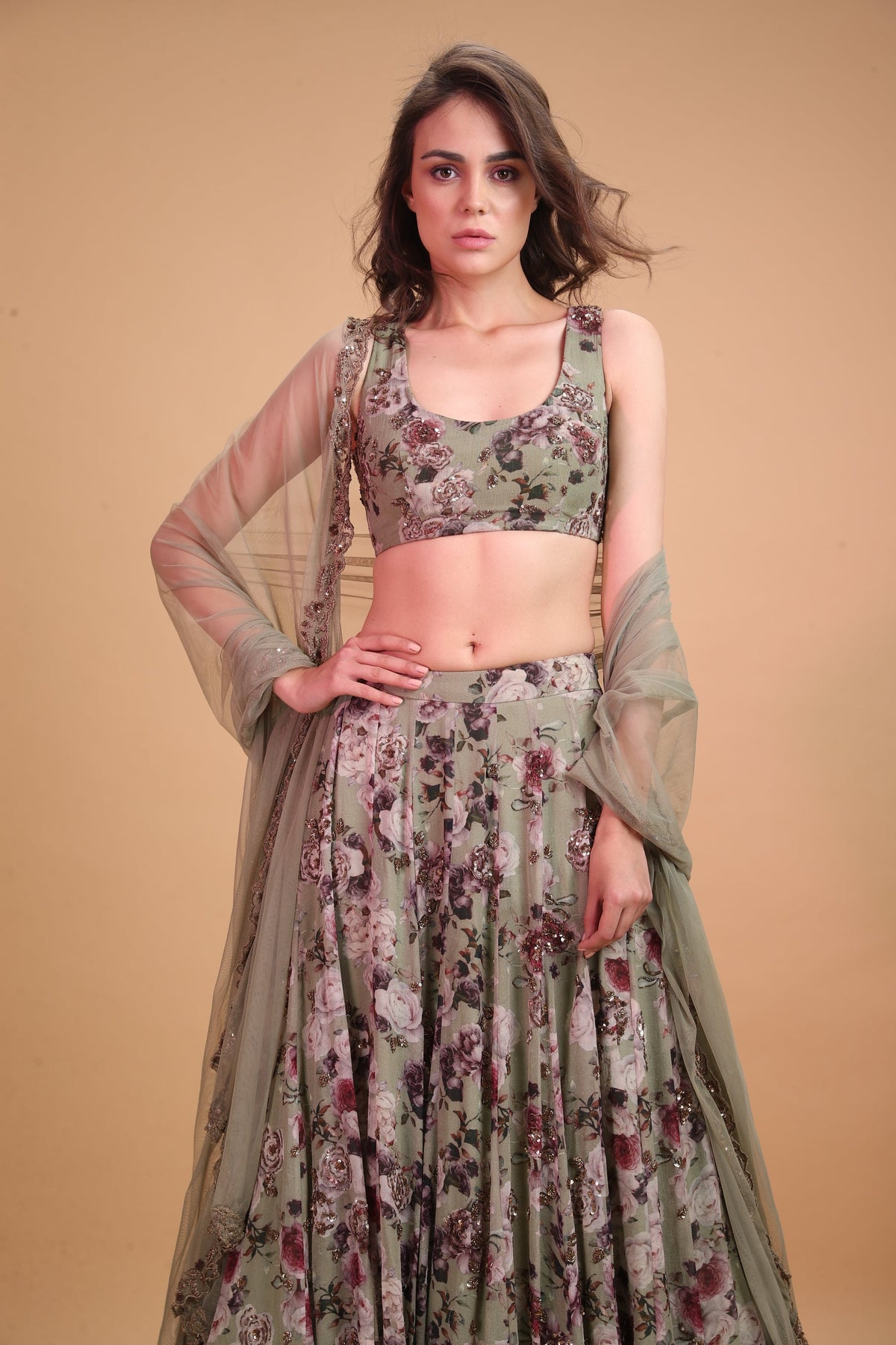 Olive Printed Floral Lehenga Set