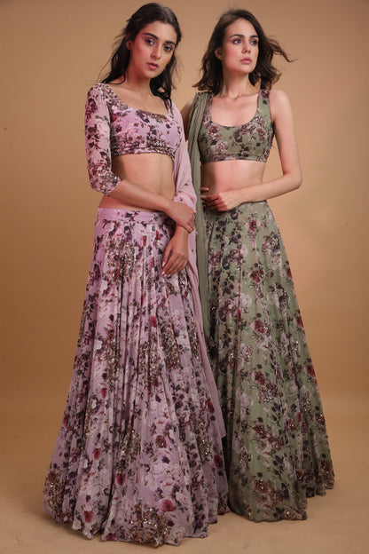 Lavender Printed Floral Lehenga Set