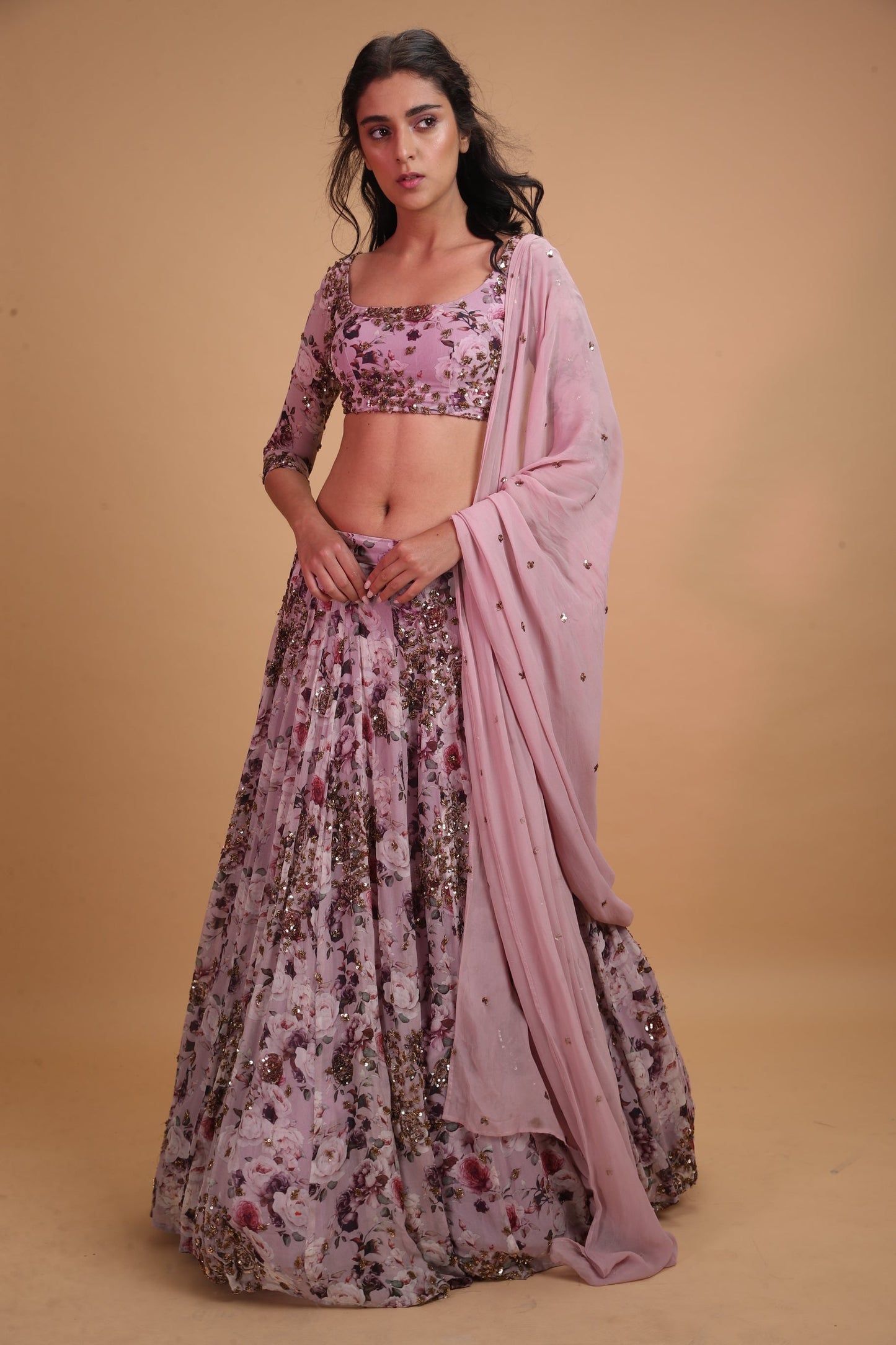 Lavender Printed Floral Lehenga Set