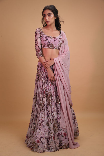Lavender Printed Floral Lehenga Set