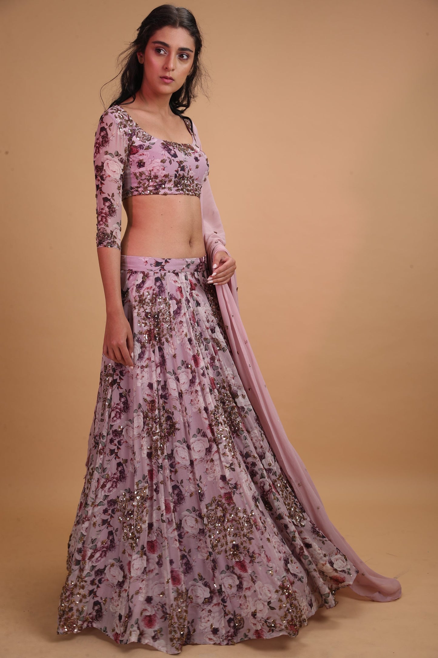 Lavender Printed Floral Lehenga Set