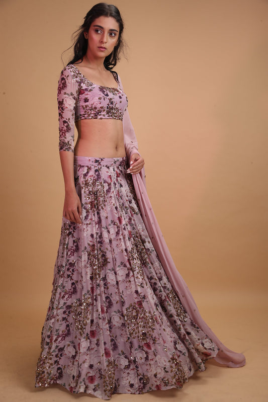 Lavender Printed Floral Lehenga Set