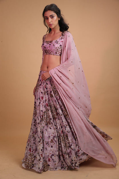 Lavender Printed Floral Lehenga Set