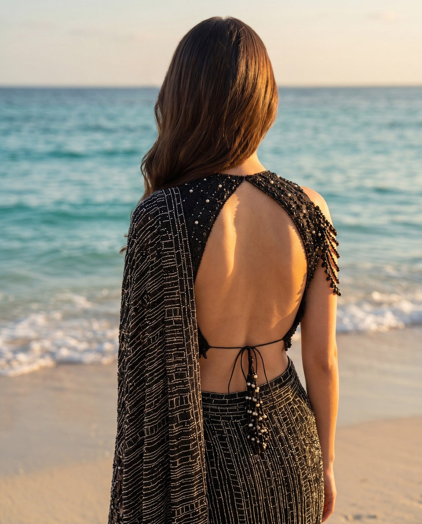 Monochrome Crystal Pre-Draped Saree