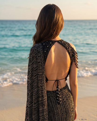 Monochrome Crystal Pre-Draped Saree