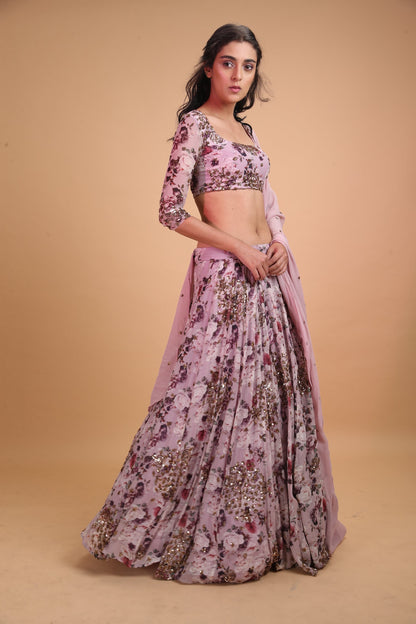 Lavender Printed Floral Lehenga Set