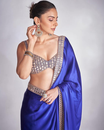 Persian Blue Mirror Satin Saree Set ( RAKULPREET SINGH )