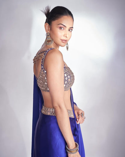 Persian Blue Mirror Satin Saree Set ( RAKULPREET SINGH )