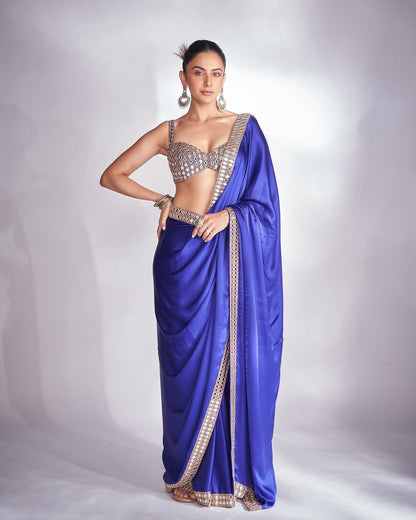 Persian Blue Mirror Satin Saree Set ( RAKULPREET SINGH )