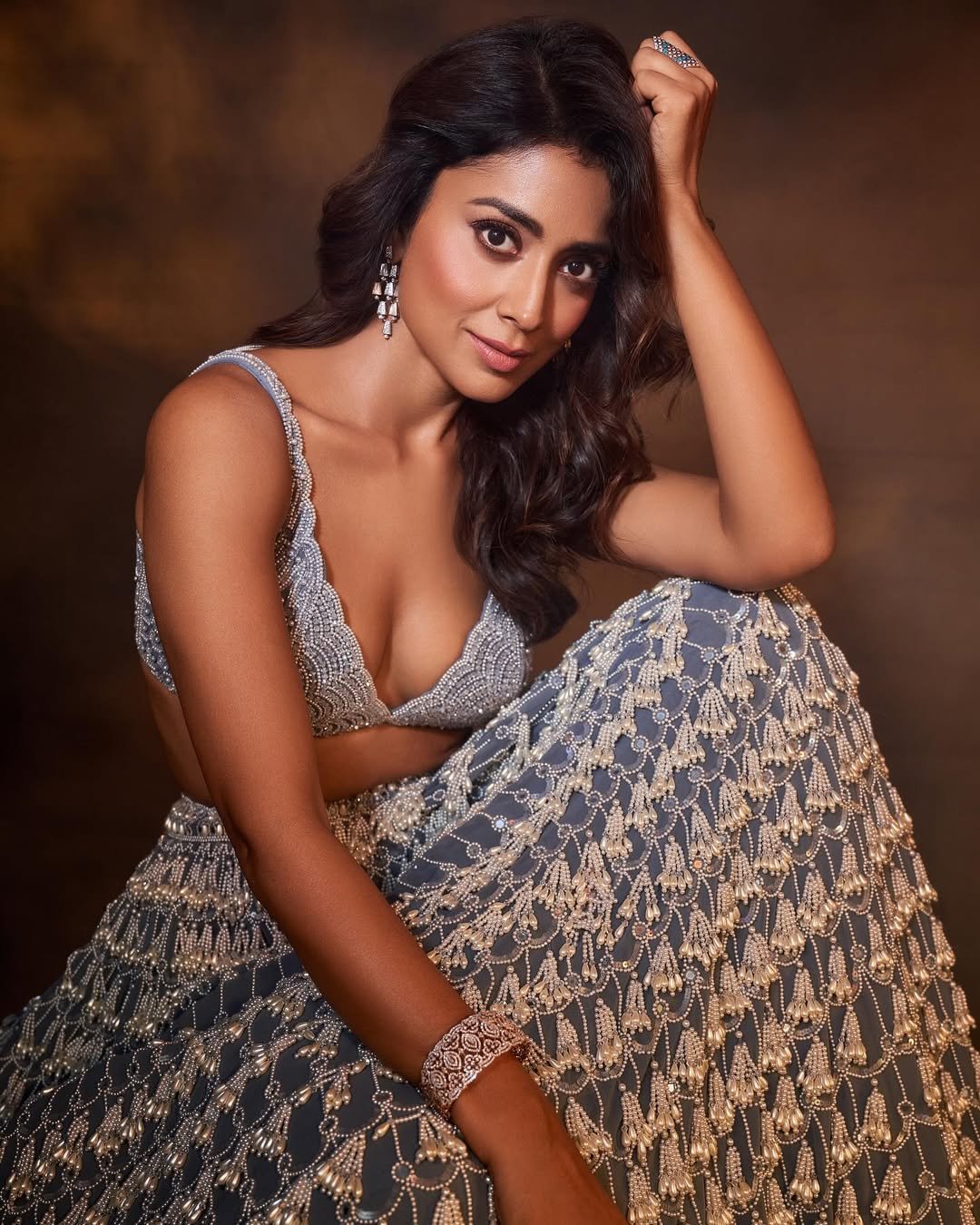 SHRIYA SARAN In Dark Grey Chandelier Pearl Drop Lehenga Set