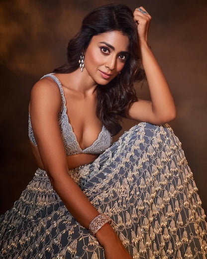 SHRIYA SARAN In Dark Grey Chandelier Pearl Drop Lehenga Set