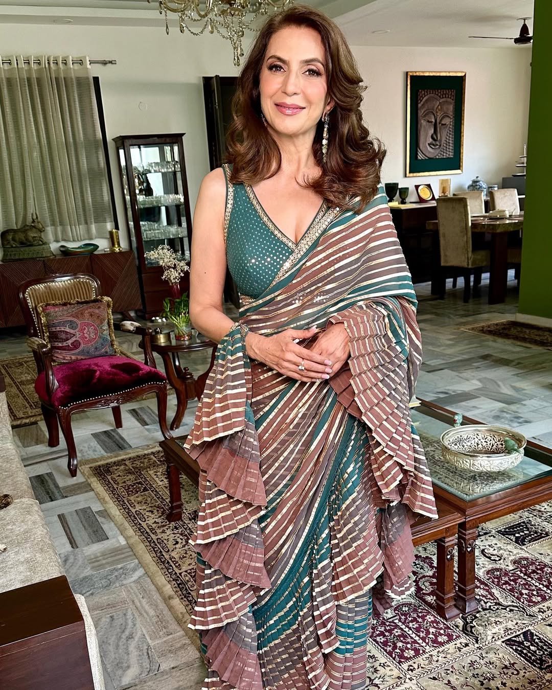 SEEMA PURI In Pre Draped Gota Mud Green Multicolor Saree Set