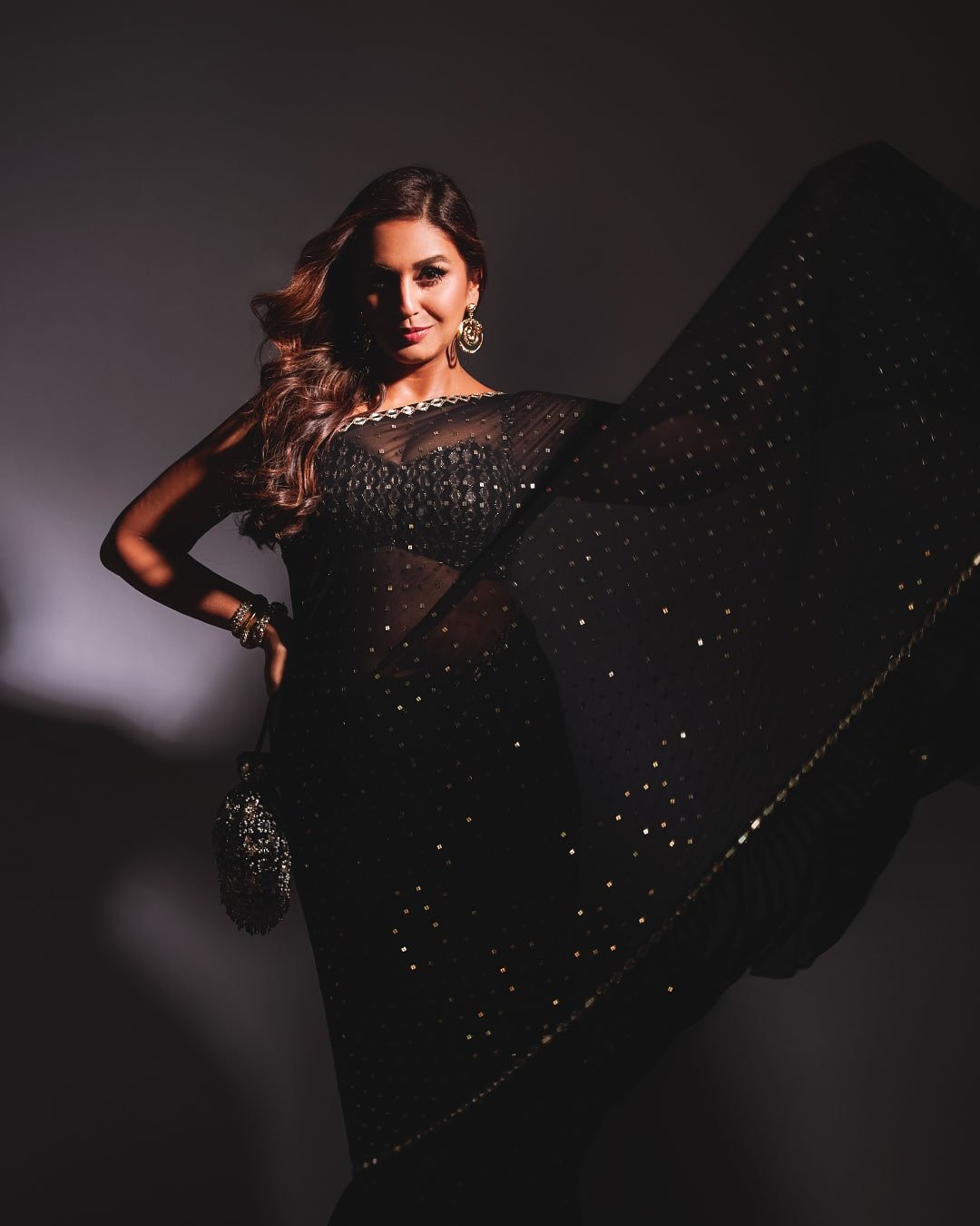 HUMA QURESHI In Black Frill Saree Set