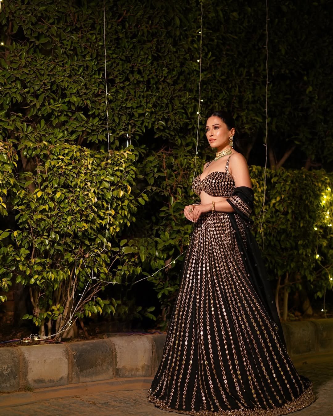 YASHIKA KHATRI In Jugmug Black Linear Mirror Lehenga Set