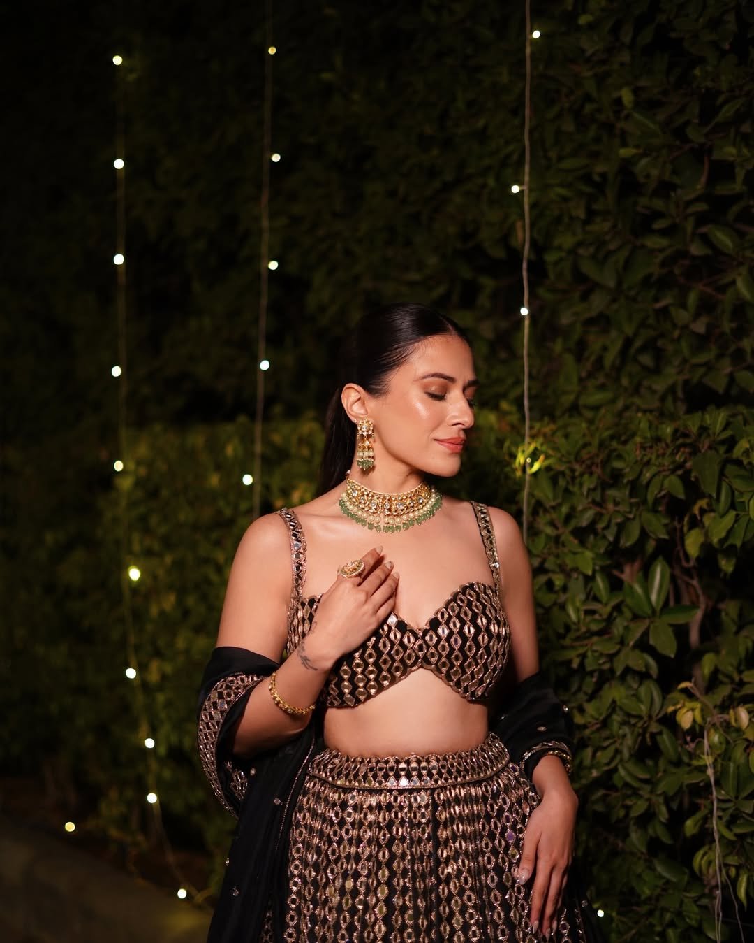 YASHIKA KHATRI In Jugmug Black Linear Mirror Lehenga Set