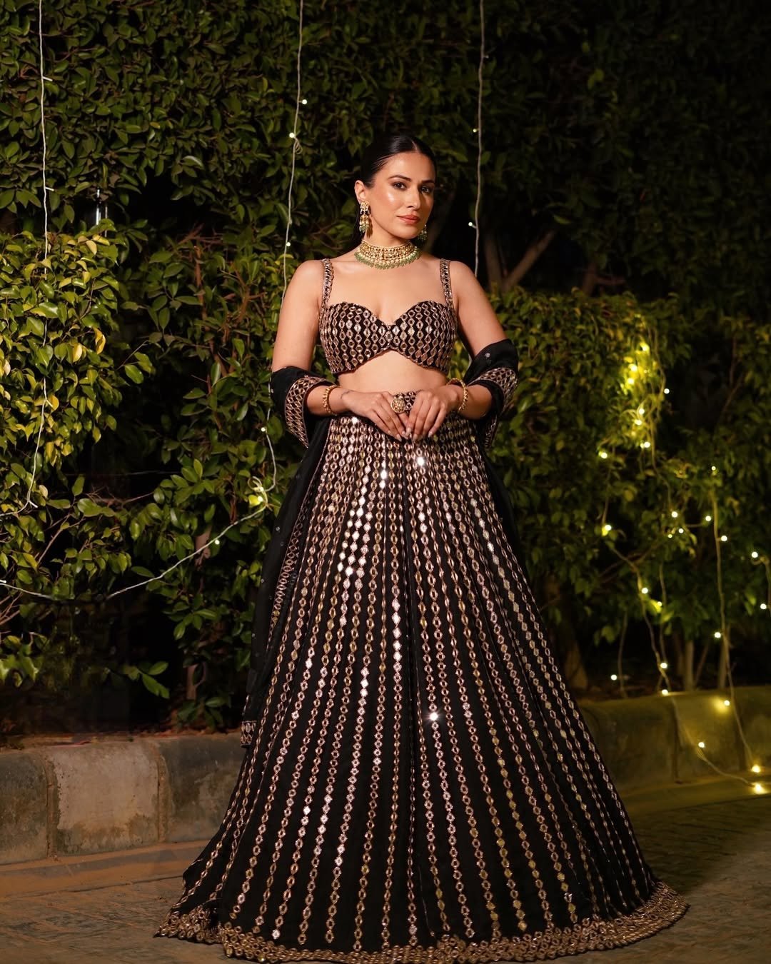 YASHIKA KHATRI In Jugmug Black Linear Mirror Lehenga Set