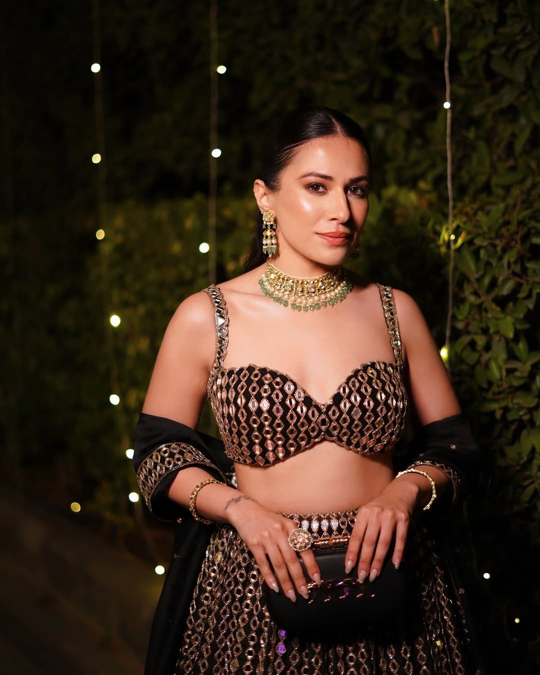 YASHIKA KHATRI In Jugmug Black Linear Mirror Lehenga Set
