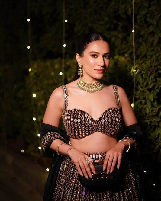 YASHIKA KHATRI In Jugmug Black Linear Mirror Lehenga Set