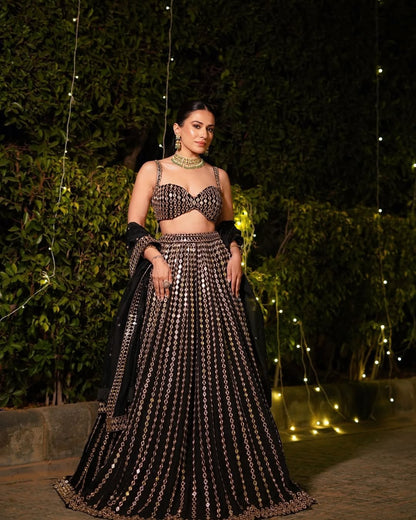 YASHIKA KHATRI In Jugmug Black Linear Mirror Lehenga Set