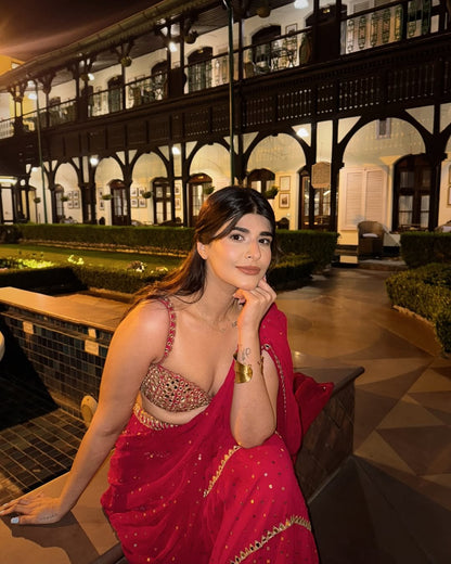 DEEKSHA KHURANA In Crimson Red Multi-tier Sequin Embroidered Saree Set