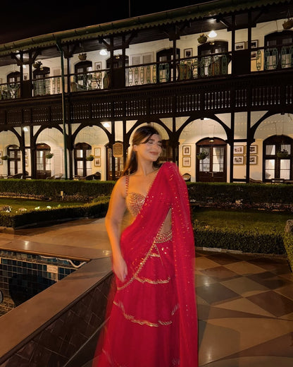 DEEKSHA KHURANA In Crimson Red Multi-tier Sequin Embroidered Saree Set
