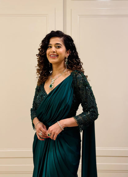 Kamiya Jani In Bottle Green Draped Saree