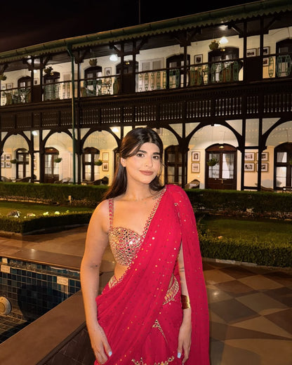 DEEKSHA KHURANA In Crimson Red Multi-tier Sequin Embroidered Saree Set