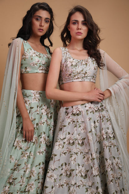 Mint Green Raw Silk Printed Lehenga