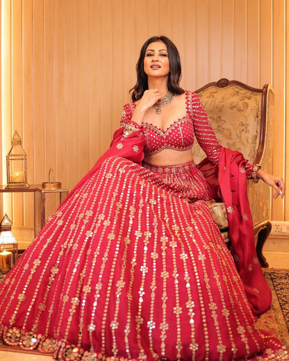 SUKHNEETT WADHWA In Jhalak Mellow Wine Small Flower Linear Lehenga Set