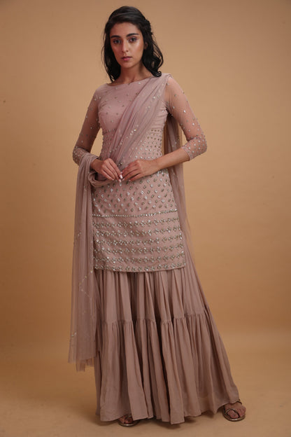 Pale Pink Net Kurti With Sharara Set