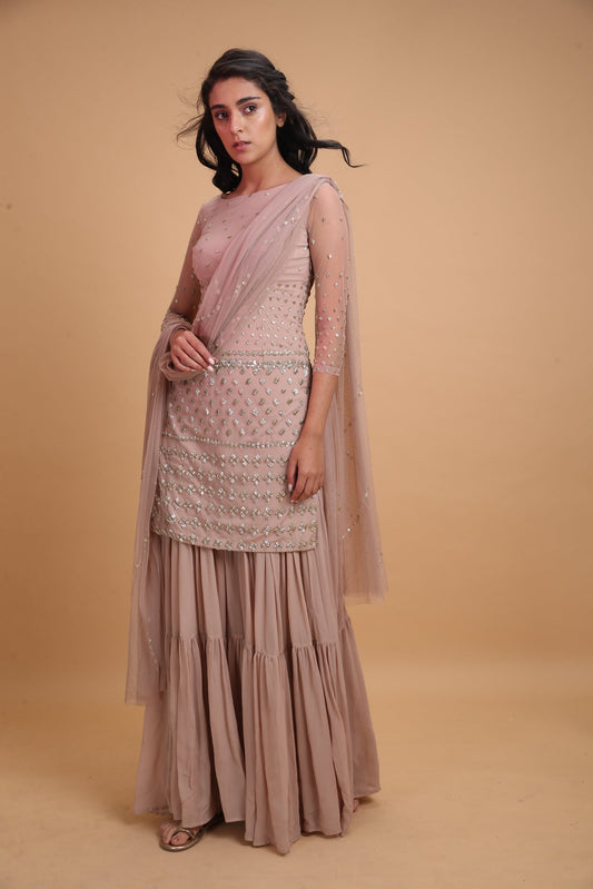 Pale Pink Net Kurti With Sharara Set