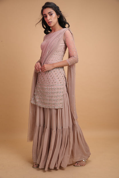 Pale Pink Net Kurti With Sharara Set