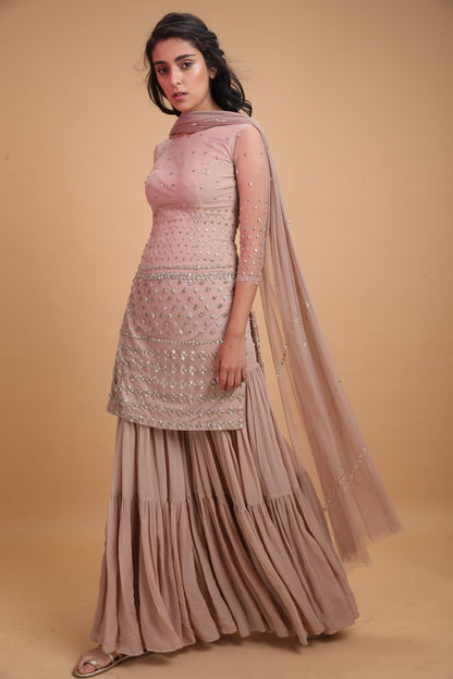 Pale Pink Net Kurti With Sharara Set