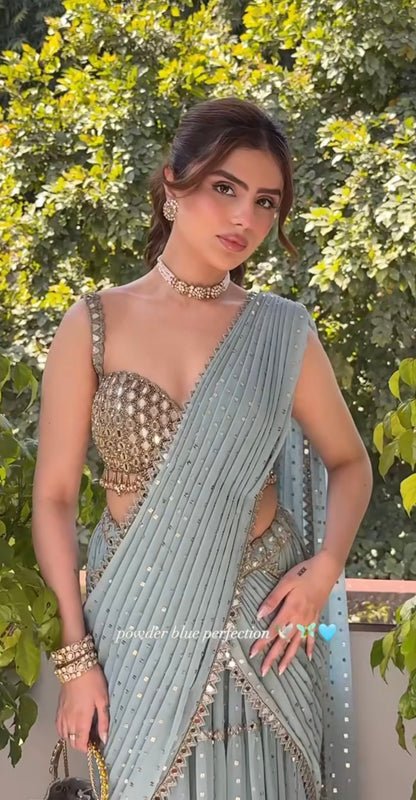 MUSKAN CHANANA In Jugmug Powder Blue Multitier Saree Set