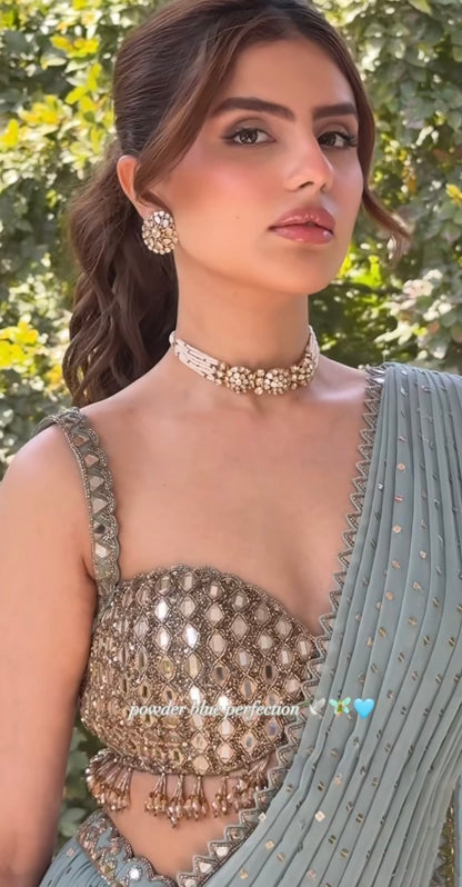 MUSKAN CHANANA In Jugmug Powder Blue Multitier Saree Set