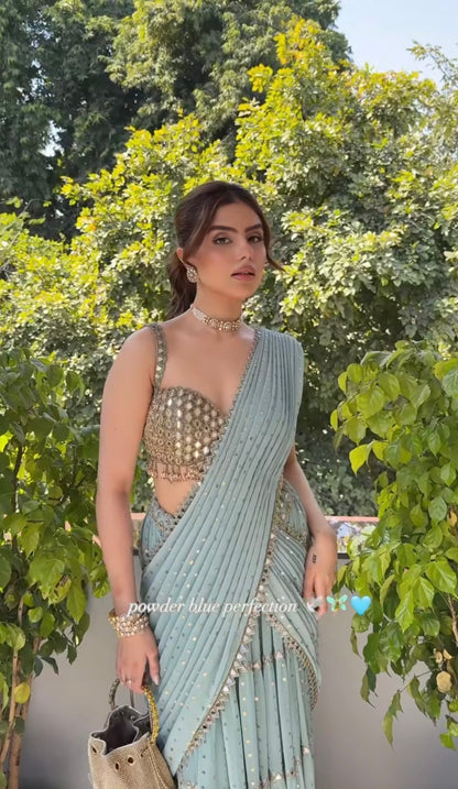 MUSKAN CHANANA In Jugmug Powder Blue Multitier Saree Set