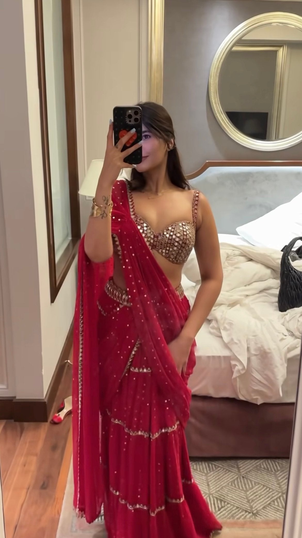 DEEKSHA KHURANA In Crimson Red Multi-tier Sequin Embroidered Saree Set