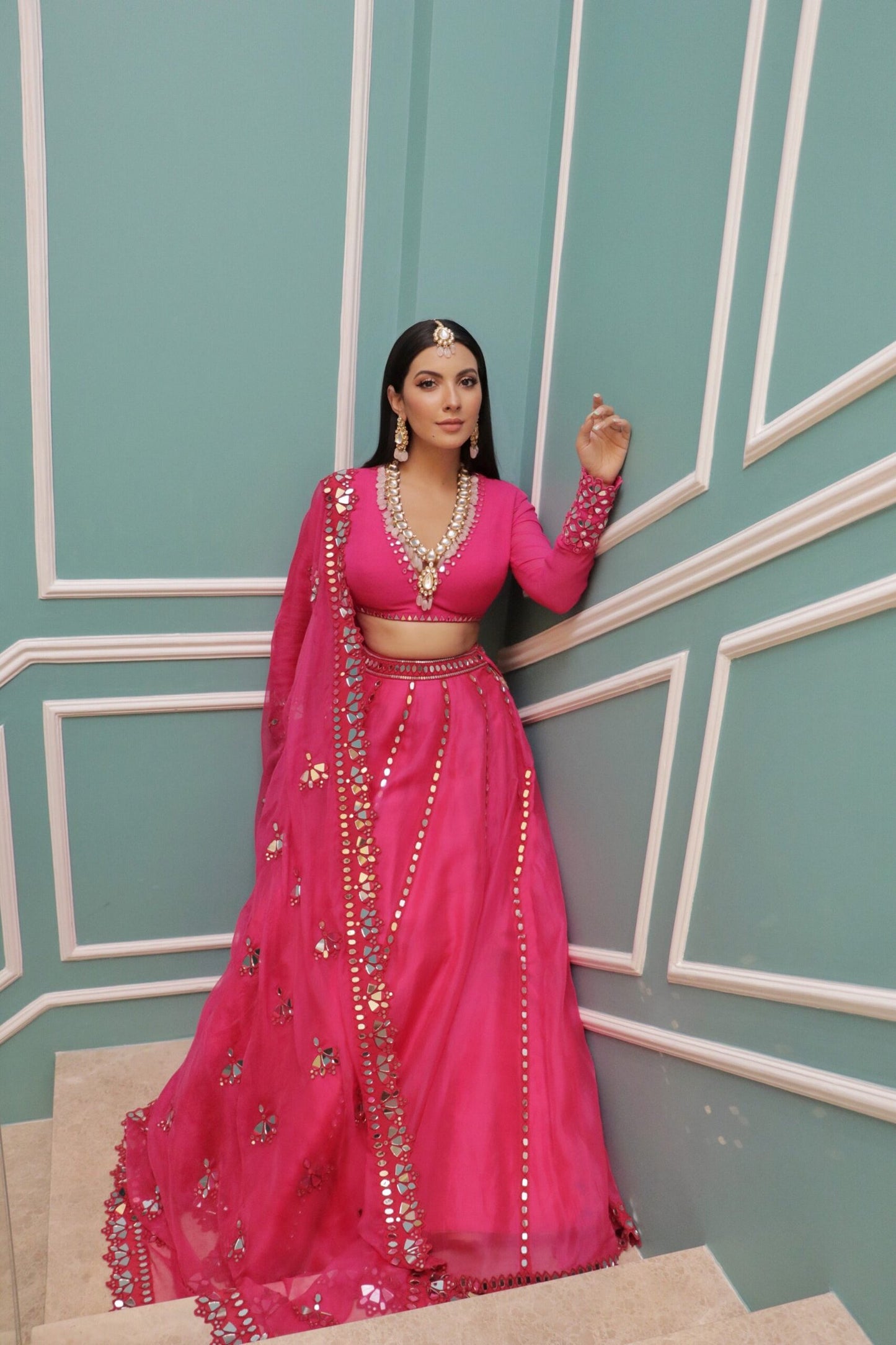 Peacock Pink Mirror Cut-work Lehenga set (NIKKI MEHRA)