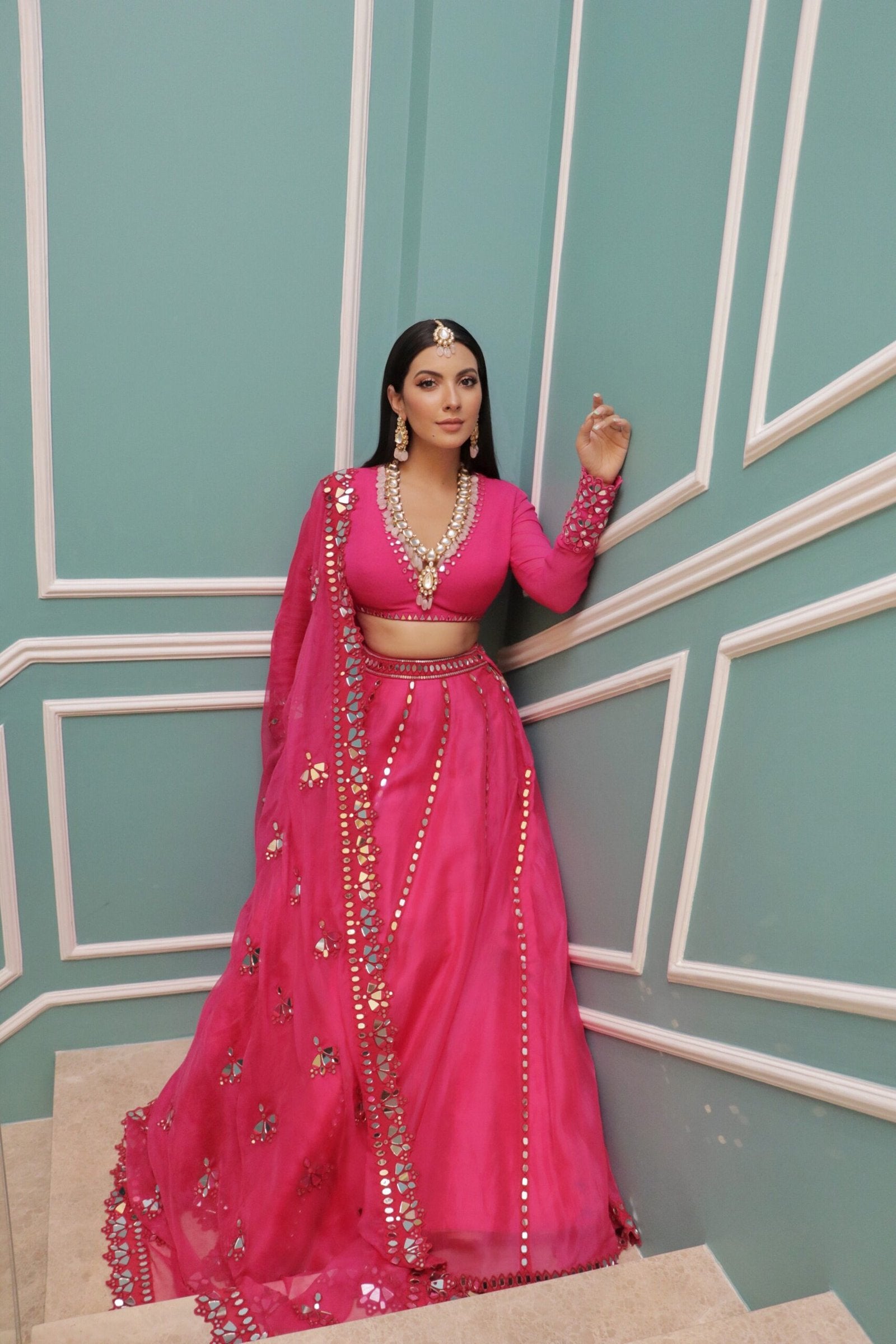 Peacock Pink Mirror Cut-work Lehenga set (NIKKI MEHRA)
