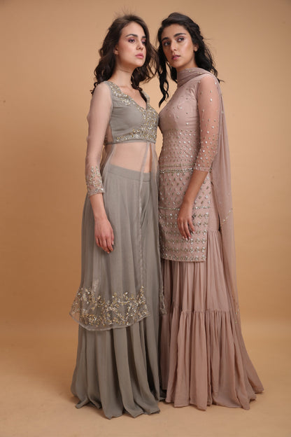 Pale Pink Net Kurti With Sharara Set