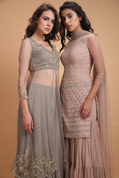 Grey Organza Jacket With Georgette Pants