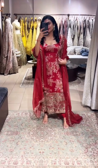 Red Floral Organza Long Kurti Set.