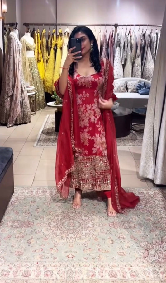 Red Floral Organza Long Kurti Set.